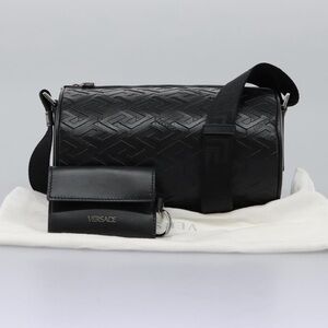 VERSACE 2-1 Shoulder Bag Leather Black Silver & attached cardholder unisex